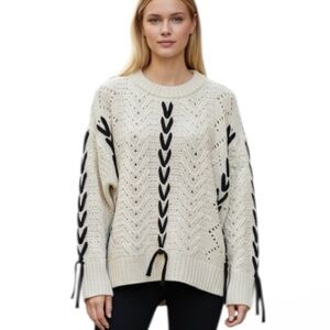 Retrod Oversized Chunky Knit Cream Sweater with Black Lacing Detail Large